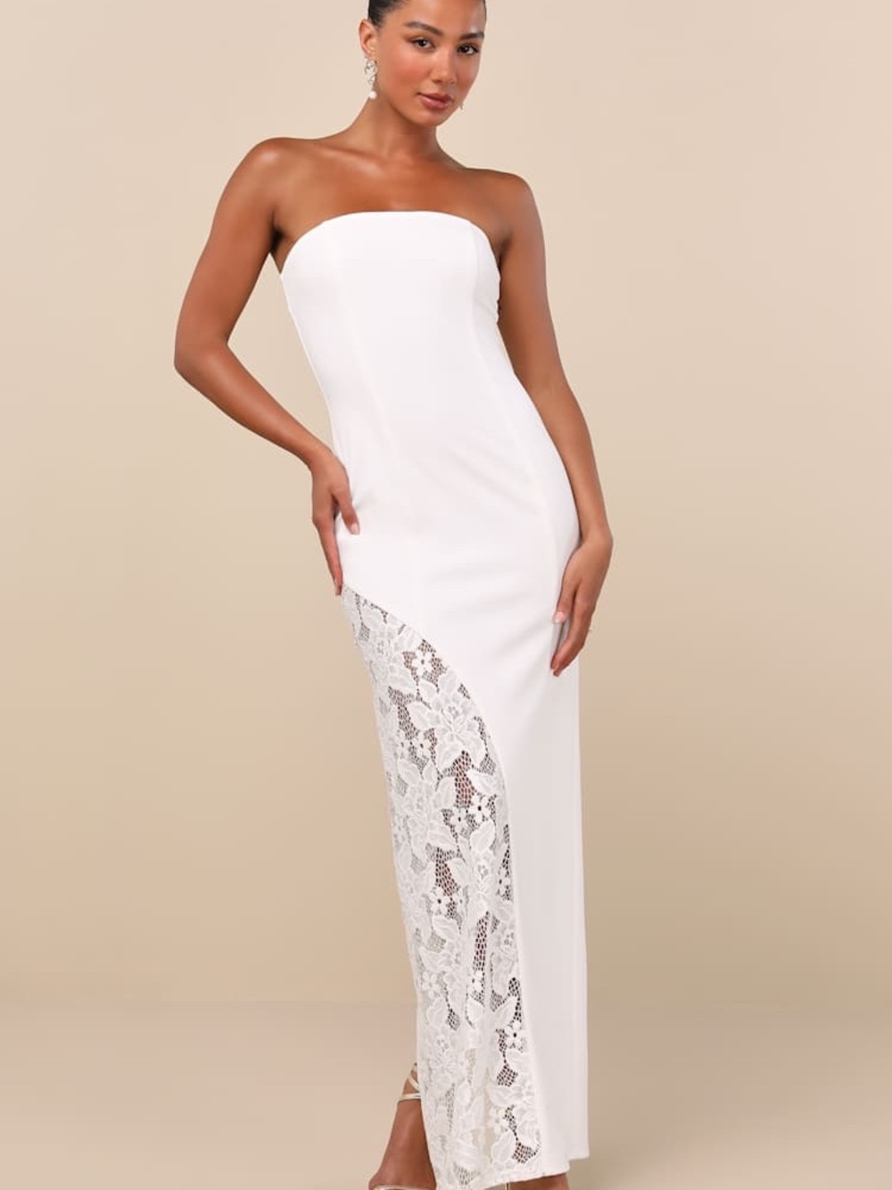 Lulus Strapless White Lace Inset Evening Gown XS & Large NWT